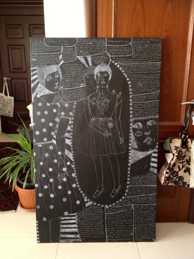 first page complete. i was so happy with this i flew to the stationary shop and bought fourteen more canvases! 