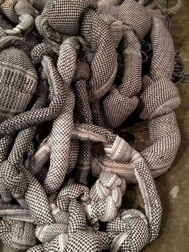saad qureshi's 'borrowed from the shadows', or as i affectionately called it 'kufeya intestines'. i think this is the first work that stirred my insides. how difficult it was for me not to wrap myself up in these stuffed fabric coils. both startlingly beautiful and moving