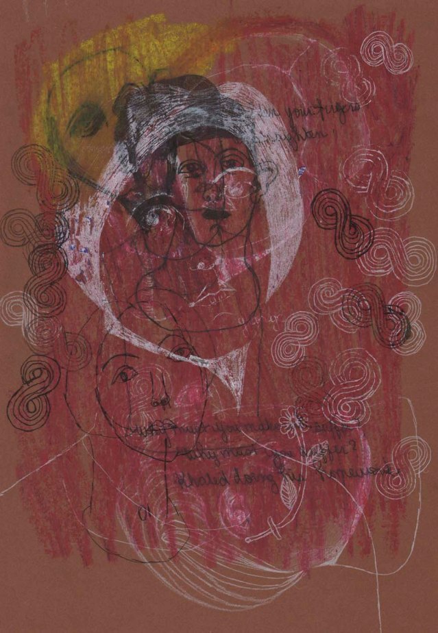 playing with correction paper, carbon paper and oil pastels on brown IKEA paper