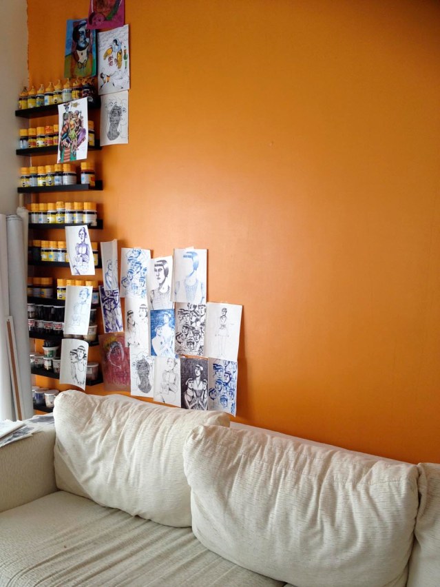 before i realized what a stupid idea my great idea to cover the wall and floor with my drawings and sketchbooks was