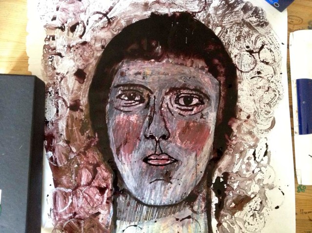 there she is. i'm sad to say that she doesn't exist anymore. i took the experiment too far by putting her under the kitchen tap. she's disappeared completely, except for the ghost of the oil pastels