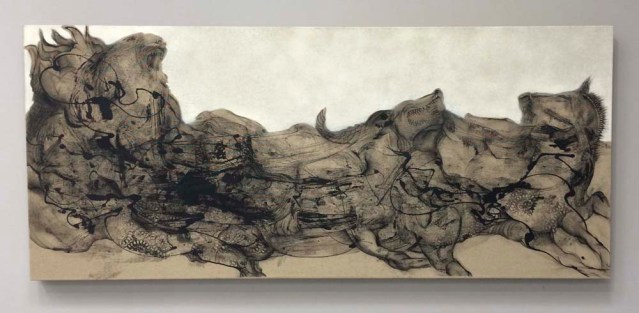 black wound } mourad's paintings are like rorschach tests. this one reminds me of mutla'a ridge up north, a rivulet, a herd of dogs. i love it