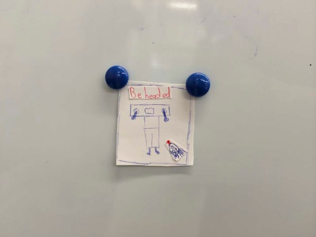 diego's tiny drawing. medusa gets her head guillotined