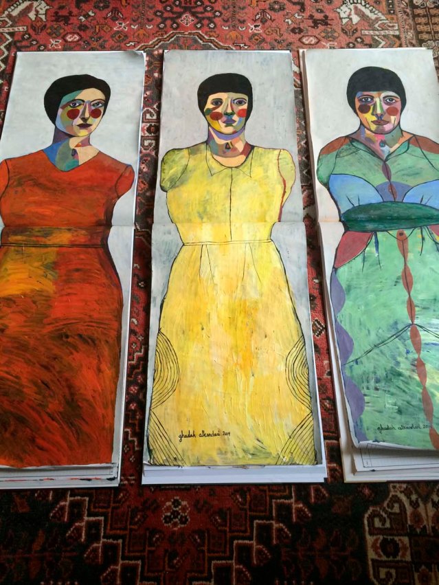 the three centerfolds } secretaries red, yellow and green