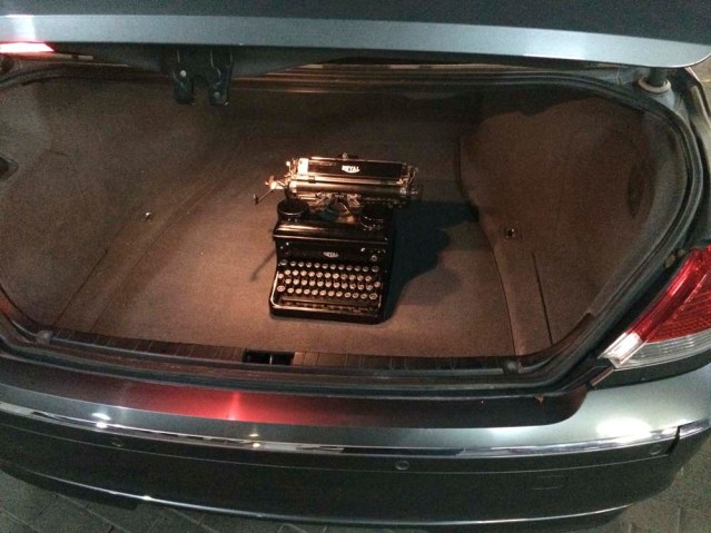 later on my son's typewriter in the trunk of my mom's beemer. very classy indeed
