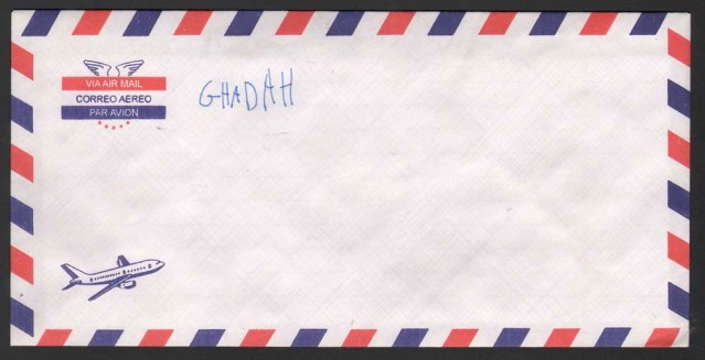 camilla. rectangular envelope par avion, with airplane. unsealed. addressed to: ghadah