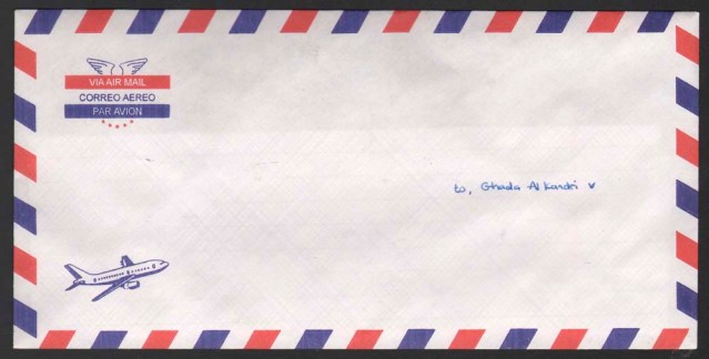 fatima alzahraa ahmad abodomoma. rectangular envelope par avion, with airplane. envelope unsealed. addressed to: ghada al kandri
