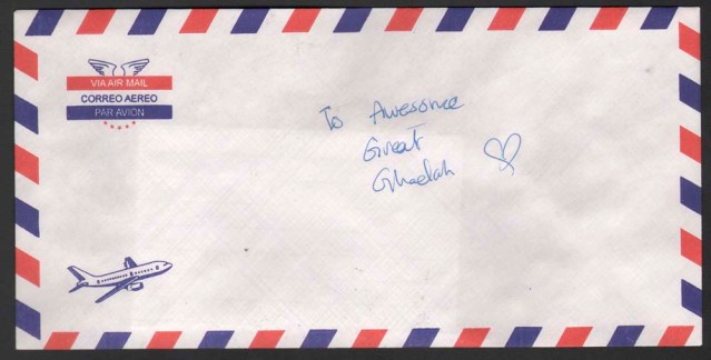 fatma abdulsalam. rectangular envelope par avion, with airplane. Sealed (licked). Addressed to: awesome great ghadah (love heart)