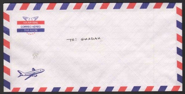 frederick wilcott. rectangular envelope par avion, with airplane. sealed (licked). addressed to: ghadah