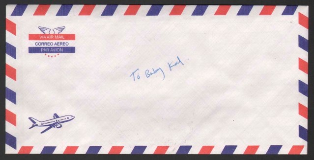 jana alnaqeeb. rectangular envelope par avion, with airplane. unsealed. addressed to: baby kal