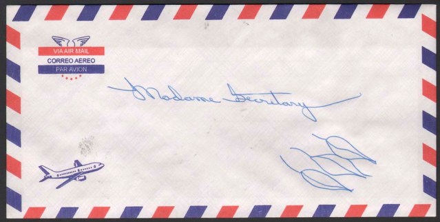 lubna saif abbas. rectangular envelope par avion, with airplane. sealed (licked). addressed to: madame secretary. one doodle