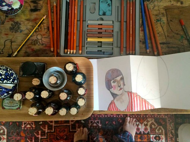 i started off with a pencil and pencil colors. i rememered that my daughter took the last sharpener in the house with her to school, so i moved on to my inks