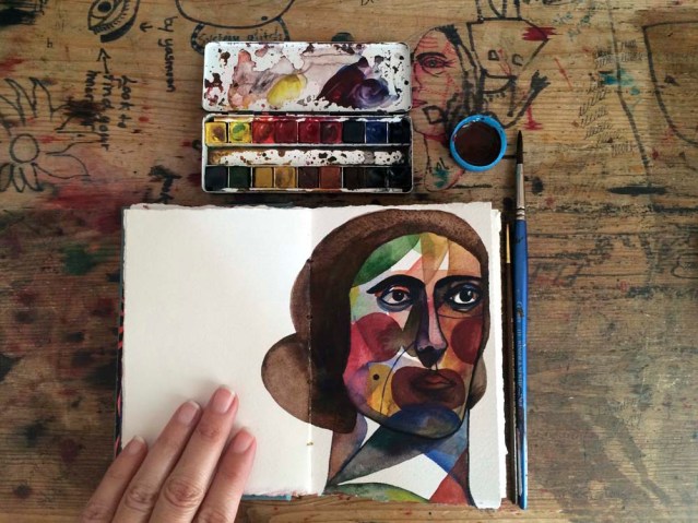 picking at her rainbow face