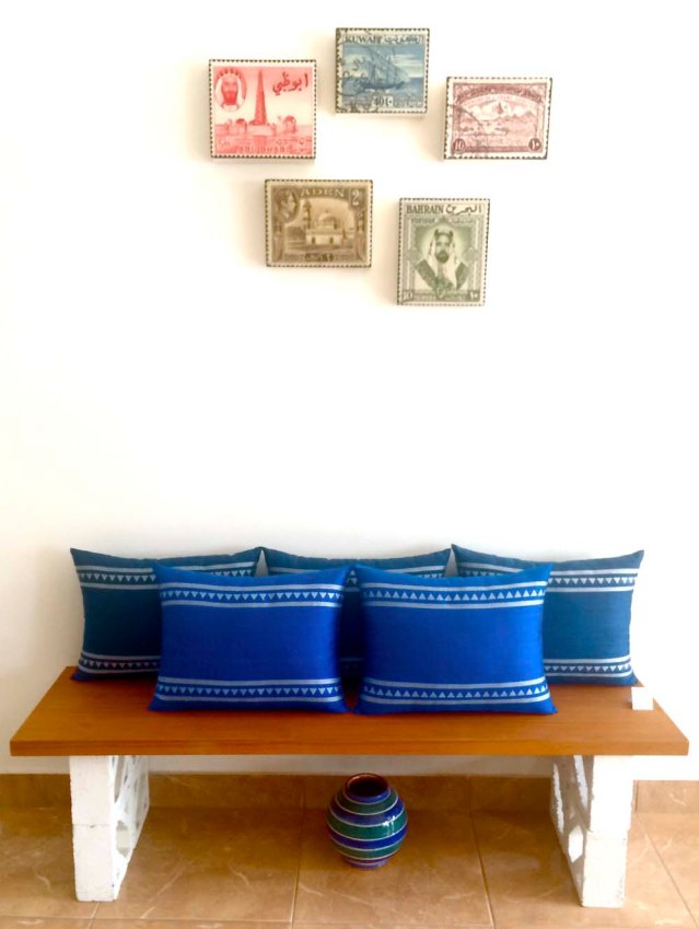 these cushions have been my favorites since the beginning. i love the subtle variations in blue. and of course matt corbin bishop's stamps round up the look very nicely