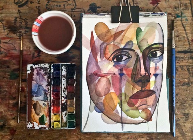 paint water, palette, sketchbook