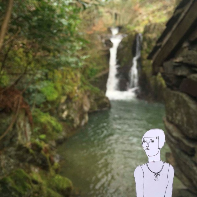 behind her a waterfall is calling to her. should she jump?