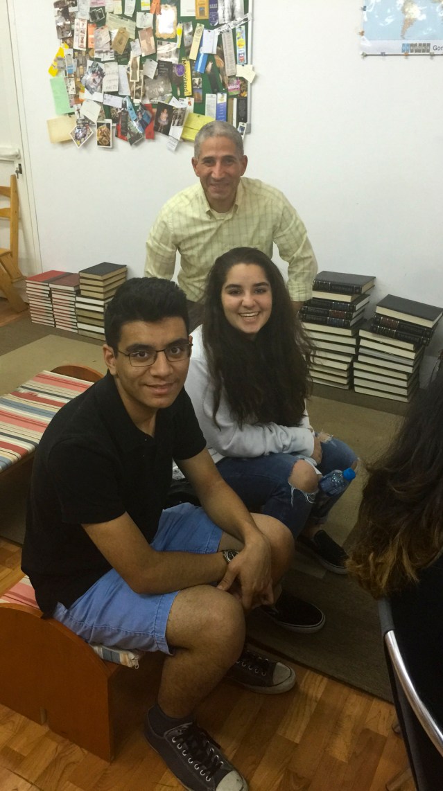 before the reading, my son yousef, his cousin yasmeen and their uncle adeeb (mai's husband) catch up on familial shenanigans