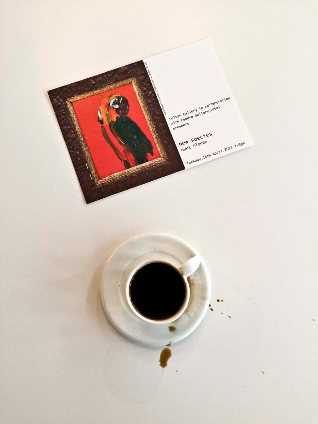 on a coffee-er note, i spilled some this morning while chatting with charmaine. i'm not a coffee drinker but it's my sultan gallery hot drink of choice, unsweetened